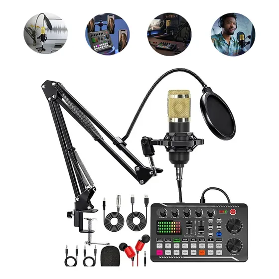 Kit Microfone Bm800 Placa De Som Prof F998 Podcast Gamer Pc